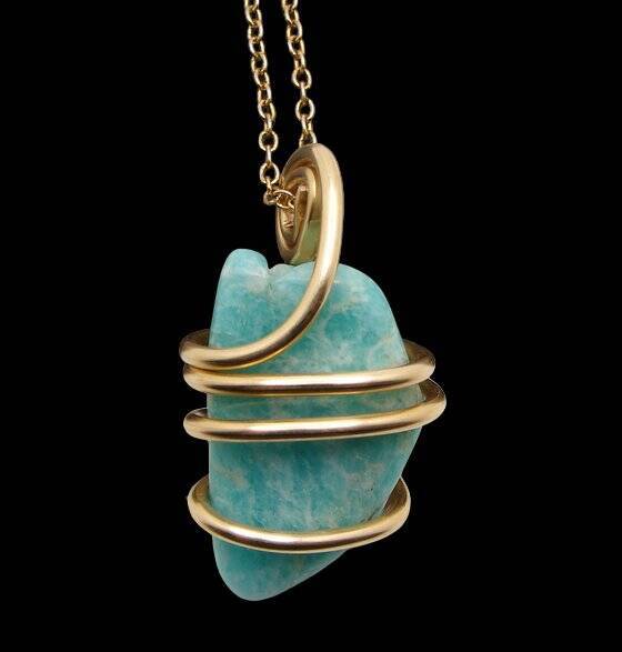 Amazonite Set In Merlin's Gold Forged Wrap Pendant #25, 17.4 Grams