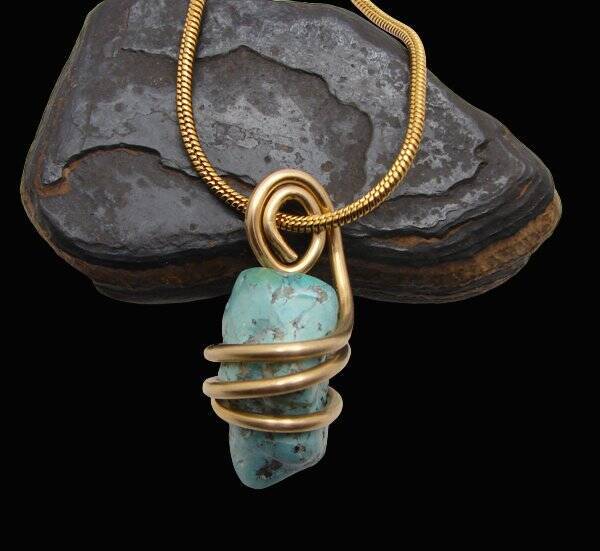 Gorgeous Hand Forged Natural Blue Turquoise Pendant Bronze Merlin's Gold #51