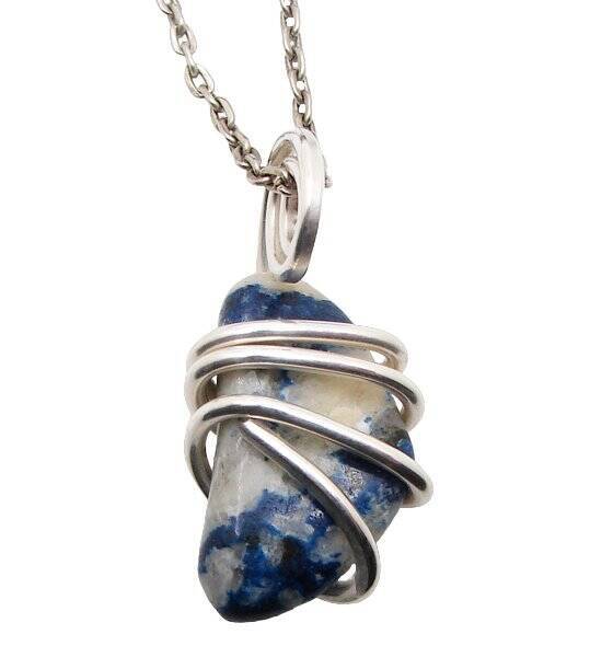 Rare Natural Lazulite Hand Forged Art Wrap Pendant Sterling Silver #83