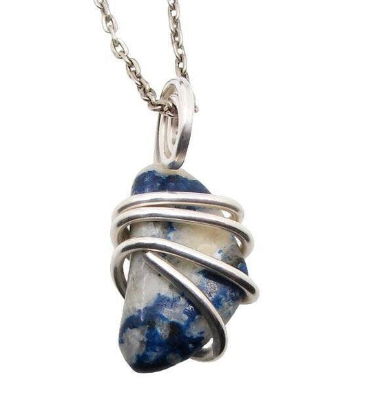 Rare Natural Lazulite Hand Forged Art Wrap Pendant Sterling Silver #83