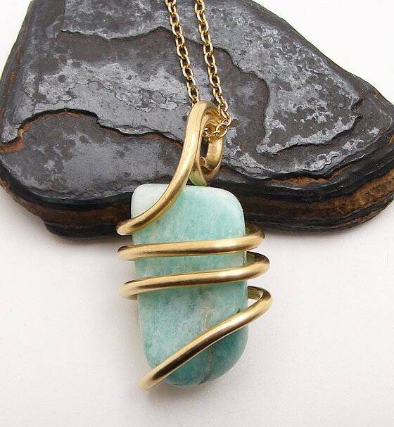 Amazonite Set In Merlin's Gold Forged Wrap Pendant #26, 19.7 Grams