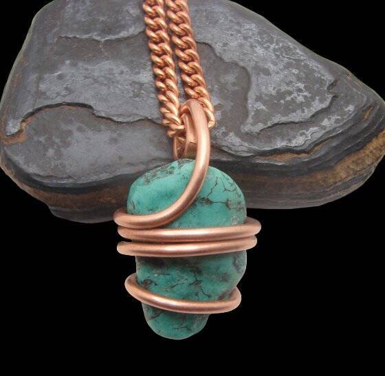 Gorgeous Hand Forged Natural Blue Turquoise Pendant Copper #101