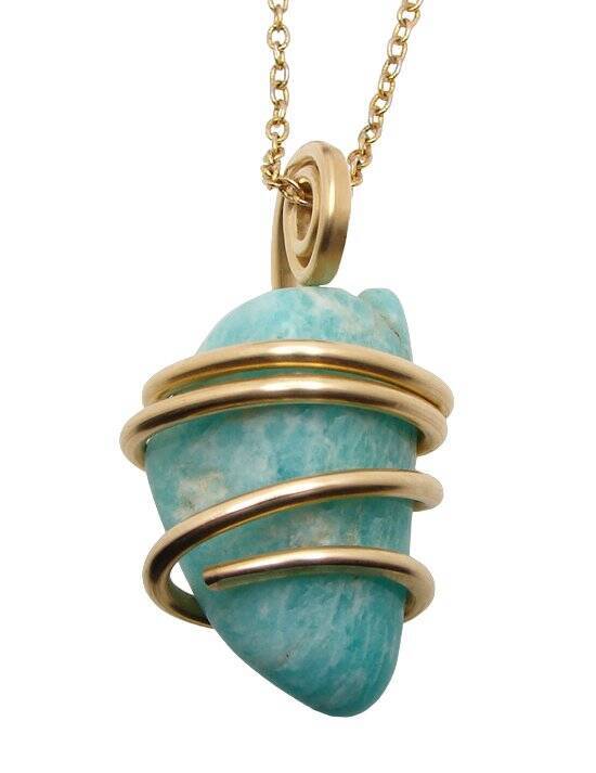 Amazonite Set In Merlin's Gold Forged Wrap Pendant #25, 17.4 Grams