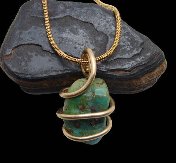 Gorgeous Hand Forged Natural Blue Turquoise Pendant Bronze Merlin's Gold #54