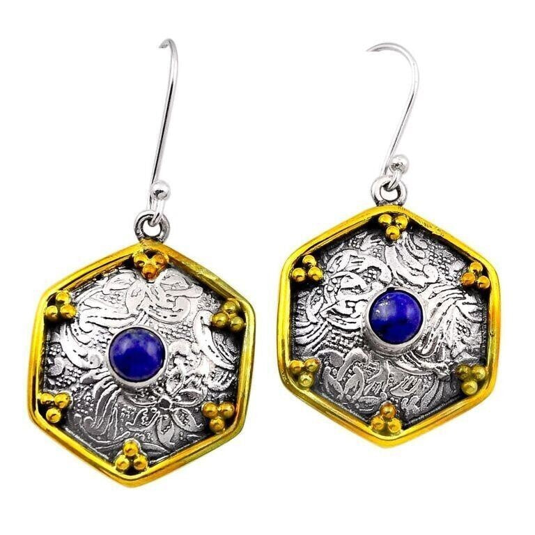 Earrings Blue Lapis Lazuli Gold Plated Sterling Silver 925