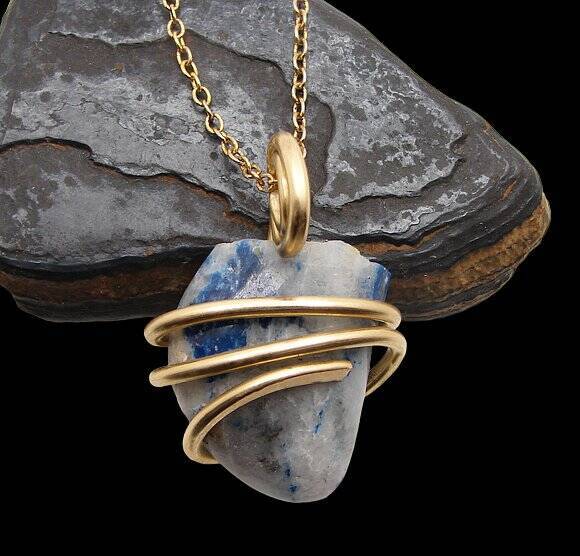 Rare Natural Lazulite Hand Forged Art Wrap Pendant Merlin's Gold #101
