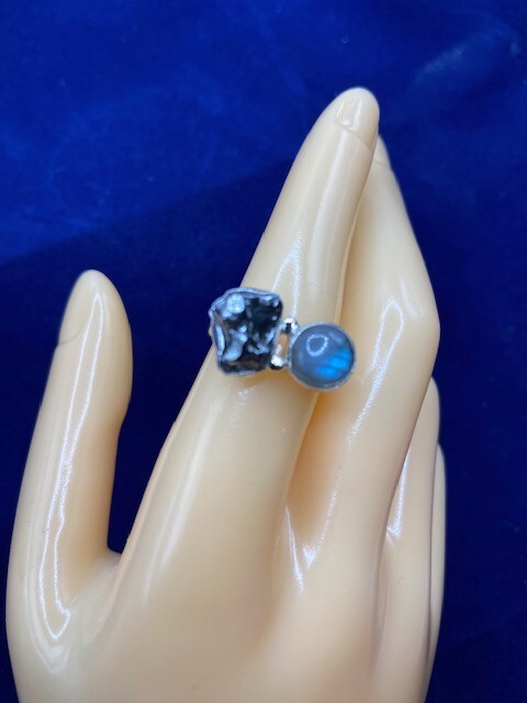 GIBEON Meteorite & Labradorite Ring - Size 6.5 - Space Astronomy Natural 9.72ct