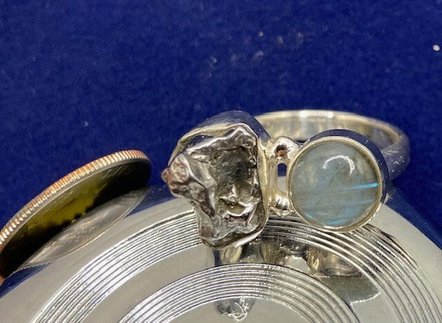 GIBEON Meteorite & Labradorite Ring - Size 6.5 - Space Astronomy Natural 9.72ct