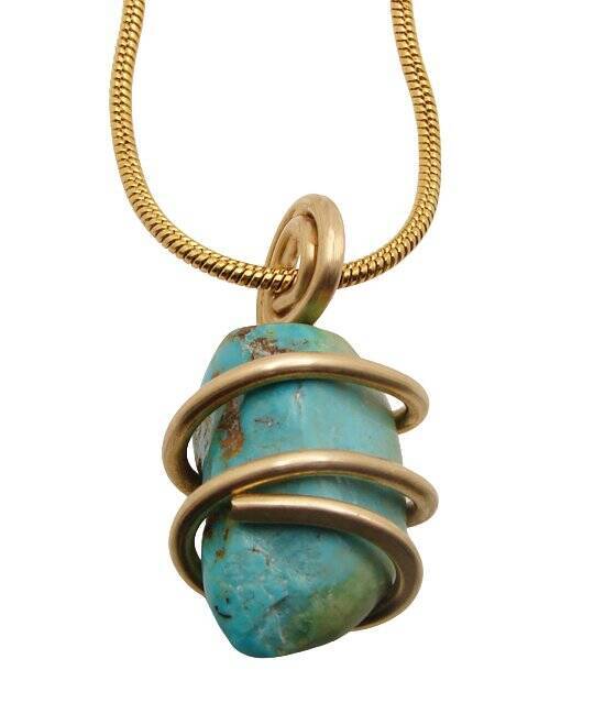 Gorgeous Hand Forged Natural Blue Turquoise Pendant Bronze Merlin's Gold #54