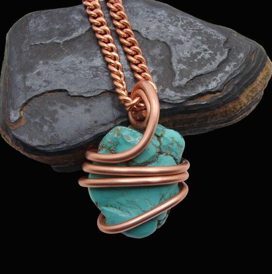 Gorgeous Hand Forged Natural Blue Turquoise Pendant Copper #102