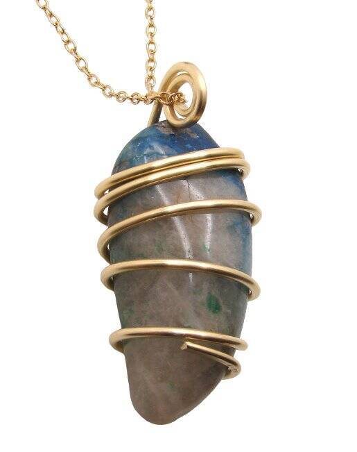 AJOITE IN QUARTZ, SHATTUCKITE, CHRYSOCOLLA PENDANT IN MERLIN'S GOLD 3051
