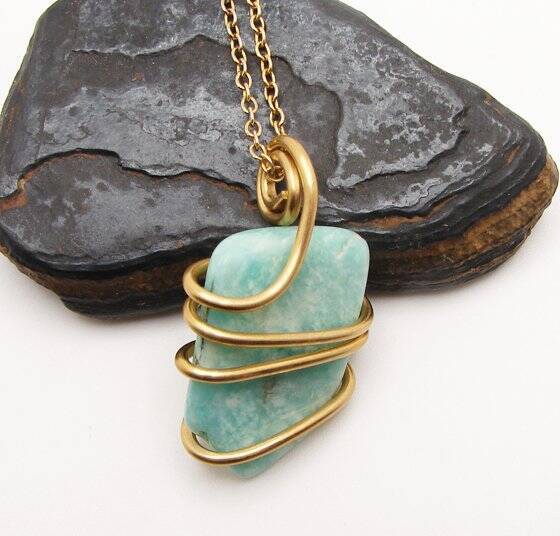 Amazonite Set In Merlin's Gold Forged Wrap Pendant #15, 9.8 Grams