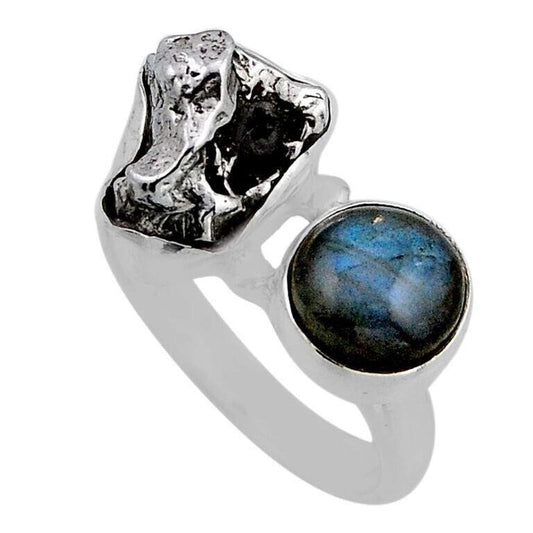 GIBEON Meteorite & Labradorite Ring - Size 6.5 - Space Astronomy Natural 9.72ct