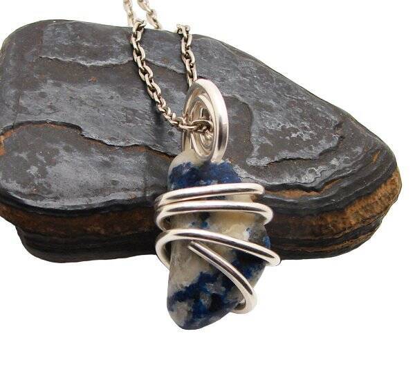 Rare Natural Lazulite Hand Forged Art Wrap Pendant Sterling Silver #83