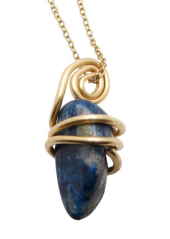 Rare Natural Lazulite Hand Forged Art Wrap Pendant Merlin's Gold #102