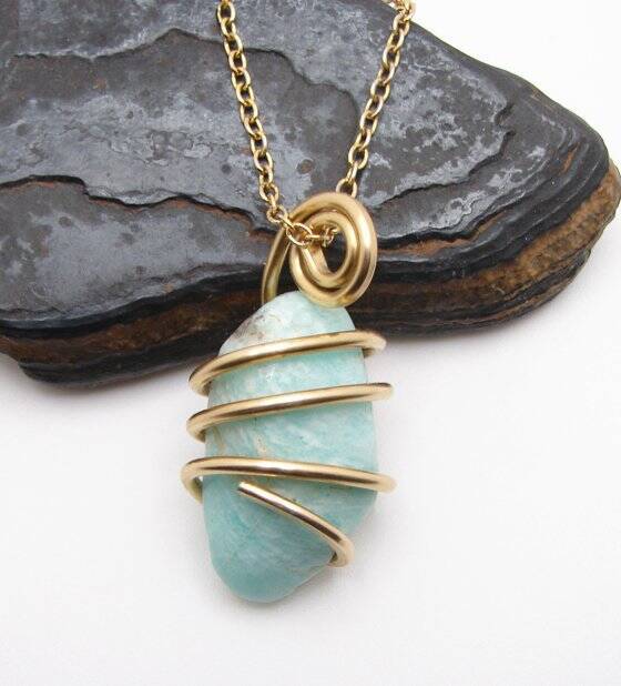 Amazonite Set In Merlin's Gold Forged Wrap Pendant #12, 10.3 Grams