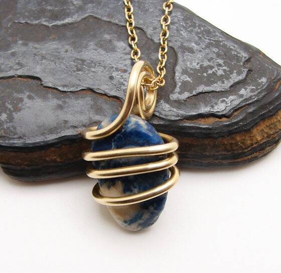Rare Natural Lazulite Hand Forged Art Wrap Pendant Merlin's Gold #81