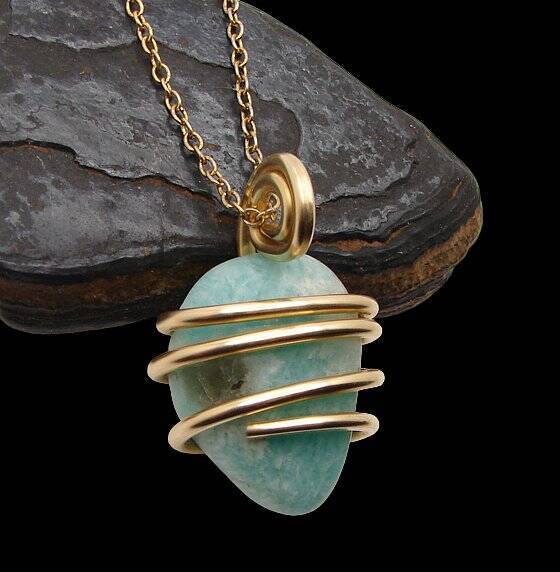 Amazonite Set In Merlin's Gold Forged Wrap Pendant #52, 15.1 Grams