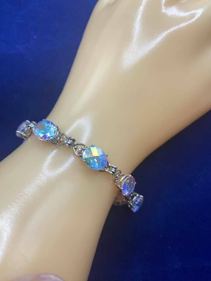 Rare Tavalite Bracelet w/ 8 Stones Sterling Silver Seldom seen 7" .925 8x10 Oval