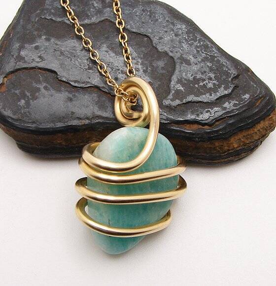 Amazonite Set In Merlin's Gold Forged Wrap Pendant #52, 15.1 Grams