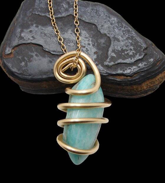 Amazonite Set In Merlin's Gold Forged Wrap Pendant #51, 17 Grams