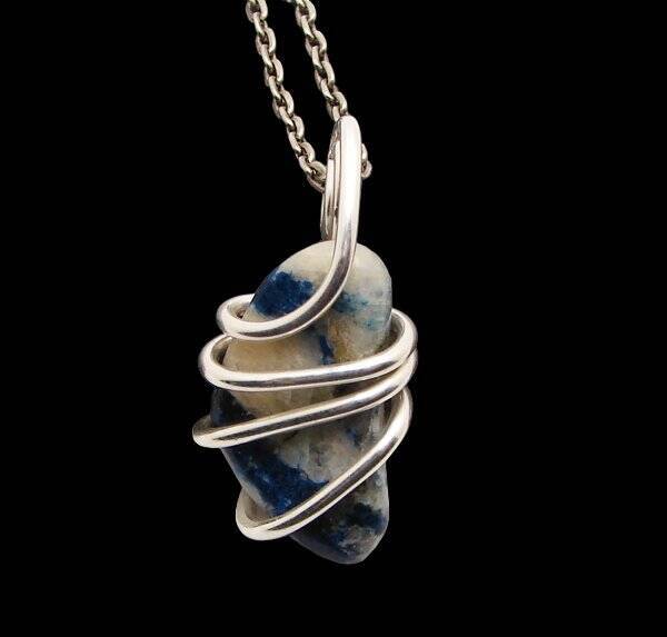 Rare Natural Lazulite Hand Forged Art Wrap Pendant Sterling Silver #83