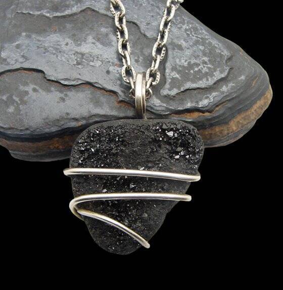 BRAZILIAN MIDNIGHT BLACK DRUZY DRUSY STERLING SILVER PENDANT #10