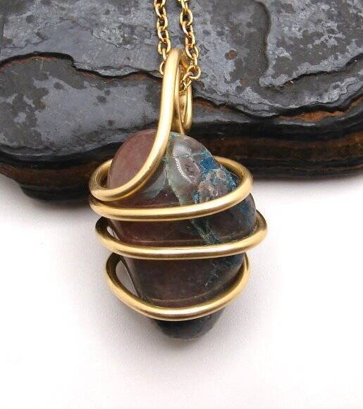 AJOITE IN QUARTZ, SHATTUCKITE, CHRYSOCOLLA PENDANT IN MERLIN'S GOLD #3077