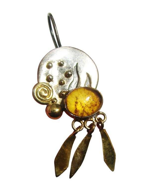 Collector's Vintage Silver Gold Gemstone Amber Shield Two Tone Earrings