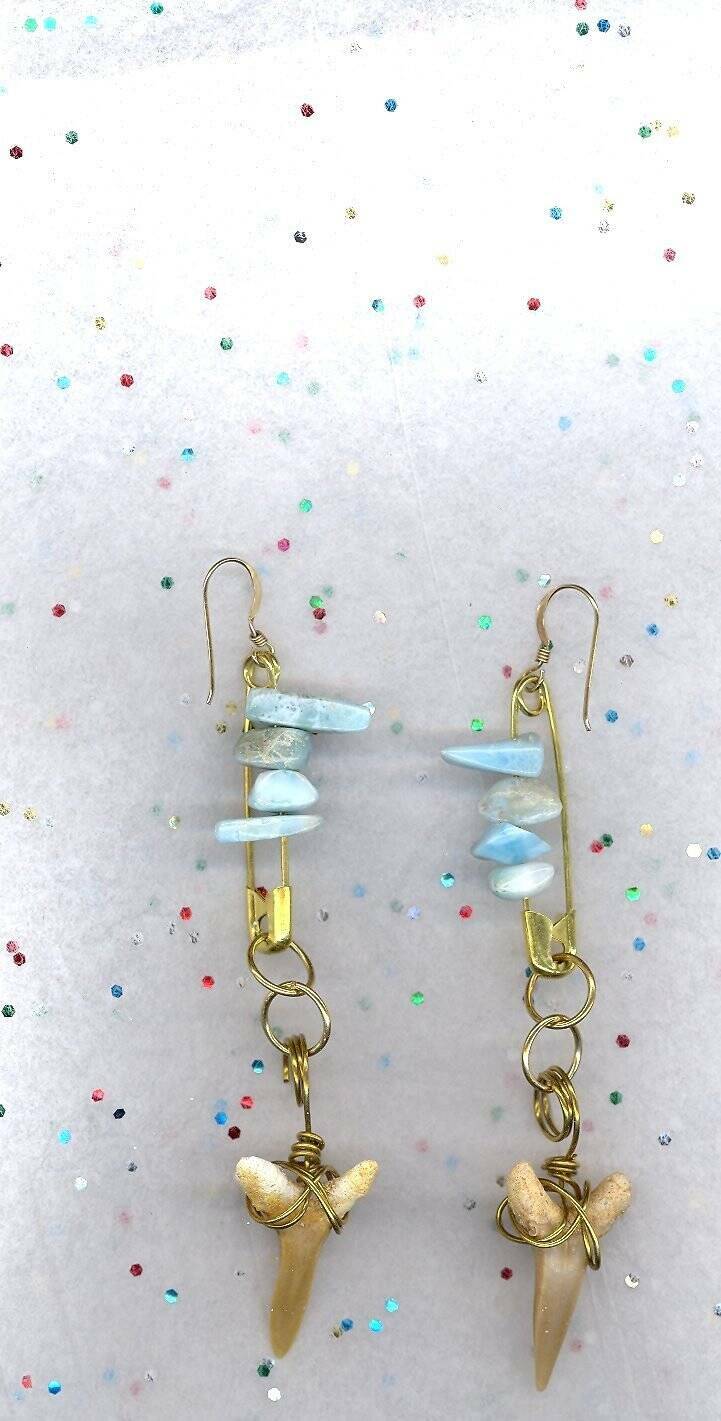 14 kt Gold  Brass Handmade Steampunk Shark Tooth Larimar Earring Set #1