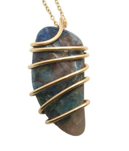 AJOITE IN QUARTZ, SHATTUCKITE, CHRYSOCOLLA PENDANT IN MERLIN'S GOLD 3051