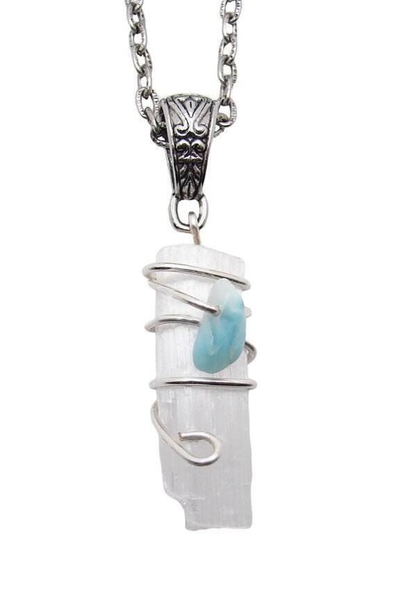 ONE LARIMAR SELENITE Wand Pendant Third Eye Crown Chakra Power Crystal #3