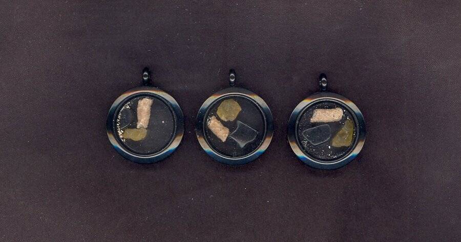 FULGURITE, TIBETAN JET AND HELIODOR STAINLESS STEEL AMULET PENDANT 25MM