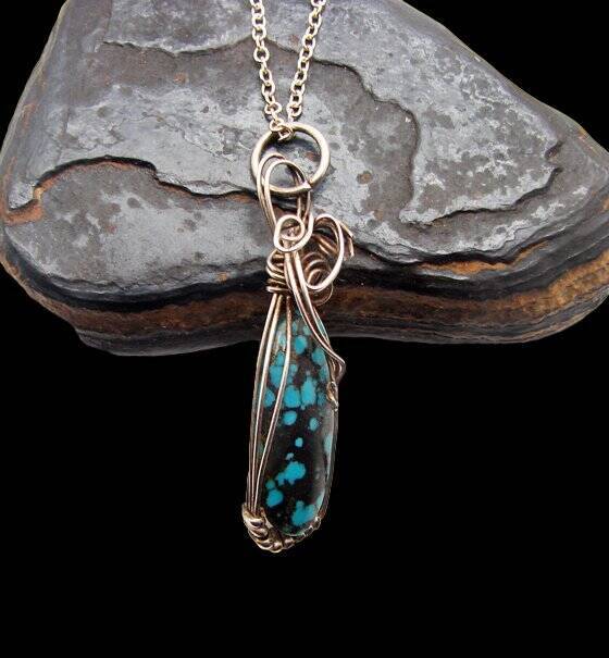 Gorgeous Hand Forged Natural Blue Turquoise Pendant  Sterling Silver #July1